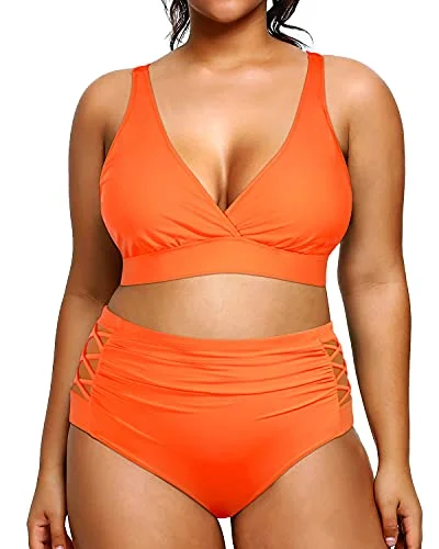 Trend Forward Threads 2 Piece Plus Size Bikini High Waisted Swimsuits Ruched Bottoms-Neon Orange