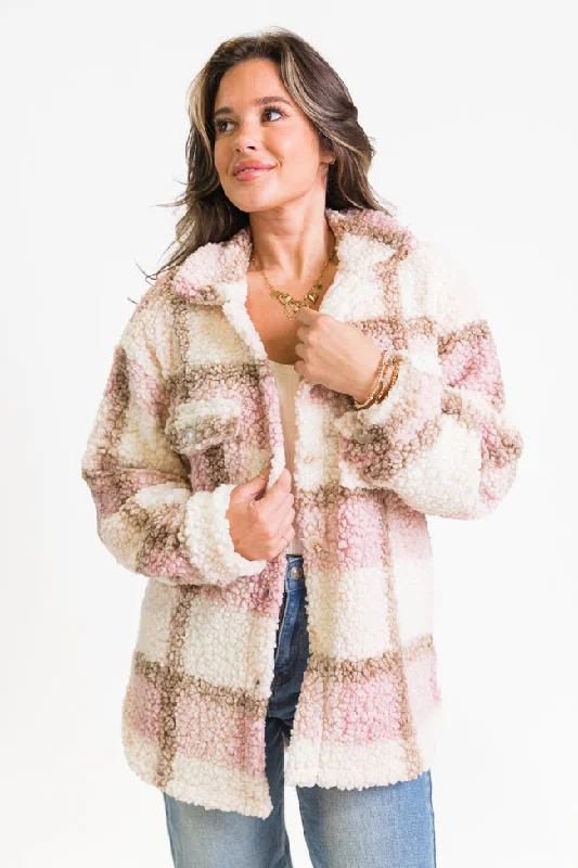 Elegant Style Beloved Memories Pink Plaid Sherpa Shacket