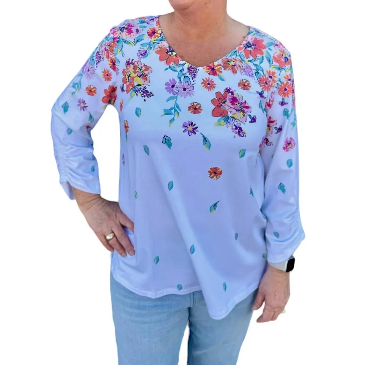 Unleash Your Trendy Side V-Neck Knit Top With Smocked Cuffs In Placement Print