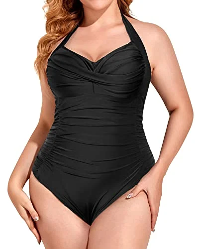 Alluring Design One Piece Tummy Control Swimsuit For Plus Size Women Halter Top-Black