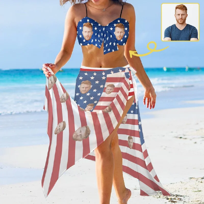 Urban Femme Streetwear Custom Face American Flag Bikini&Cover Up Set Women's Chest Bow Bikini Long Cover Up Skirt With Slit