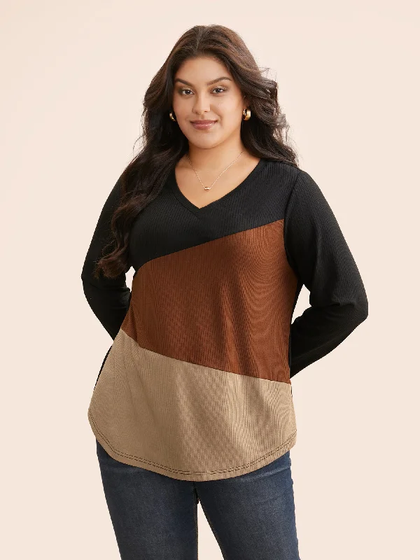 Your Timeless Wardrobe Awaits V Neck Contrast Patchwork Rib Knit T-shirt