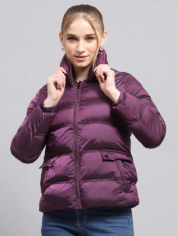 Unleash Your Trendy Side Women Purple Solid High Neck Full Sleeve Jacket