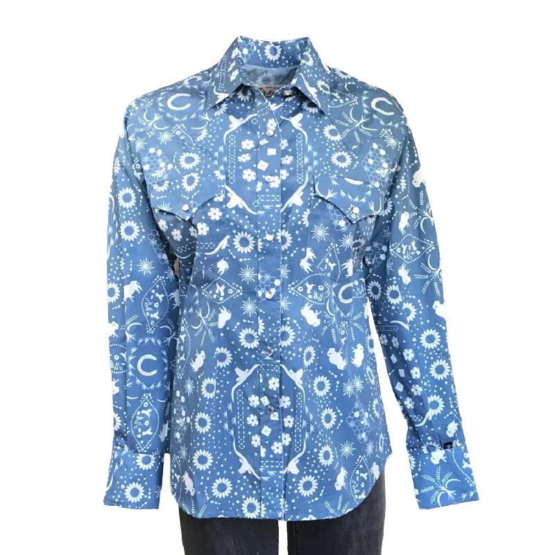 Trendy Styles Rockmount Womens Blue Cotton Blend Bison Bandana Print L/S Shirt