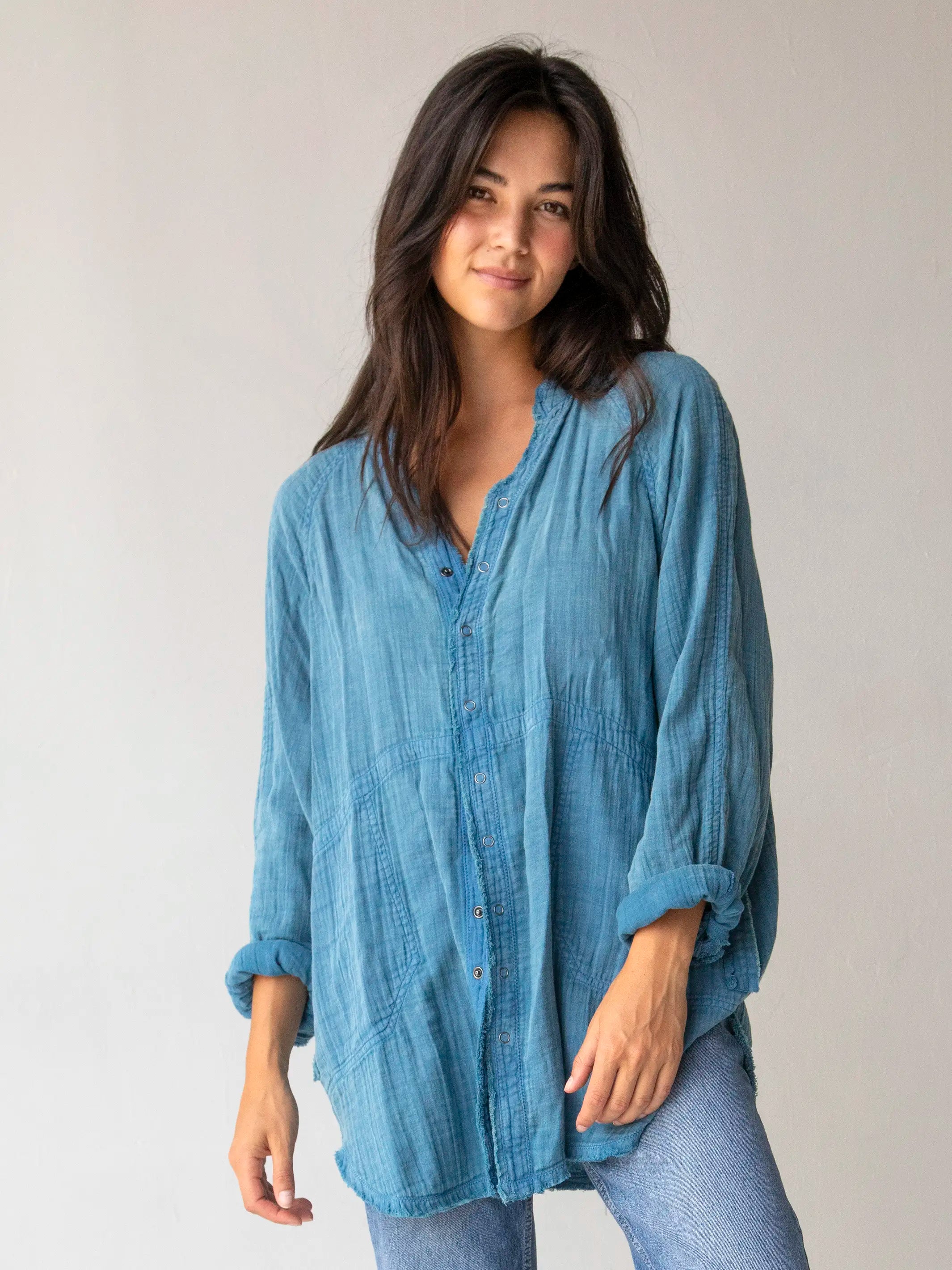 Chic Styles Laid Back Cotton Button Down Top - Denim Blue