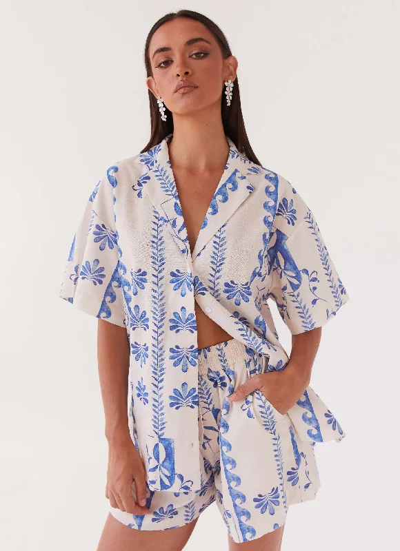 Colorful Clothing Sweet Relief Linen Oversized Shirt - Floral Wave