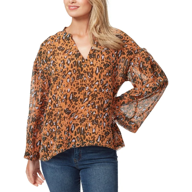 Elegant Styles Womens Animal Print Split Neck Blouse