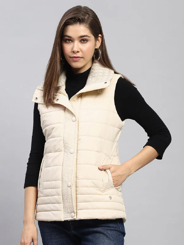 Chic And Edgy Women Cream Solid Collar Sleeveless Jacket