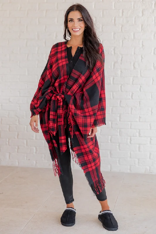 Save On Classic Elegant Styles Comfort And Joy Red and Black Plaid Poncho FINAL SALE