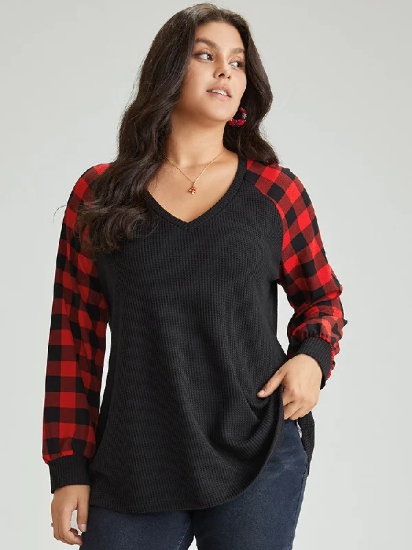 Style Your Wardrobe Waffle Knit Plaid Patchwork Raglan Sleeve T-shirt