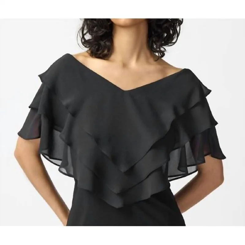 Stylish Spring Fashion Silky Knit Top With Chiffon Overlays In Black