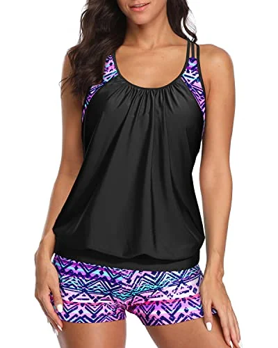 Feminine Grace Ladies Athletic Two Piece Tankini Suits Racerback Tankini-Black And Tribal Purple