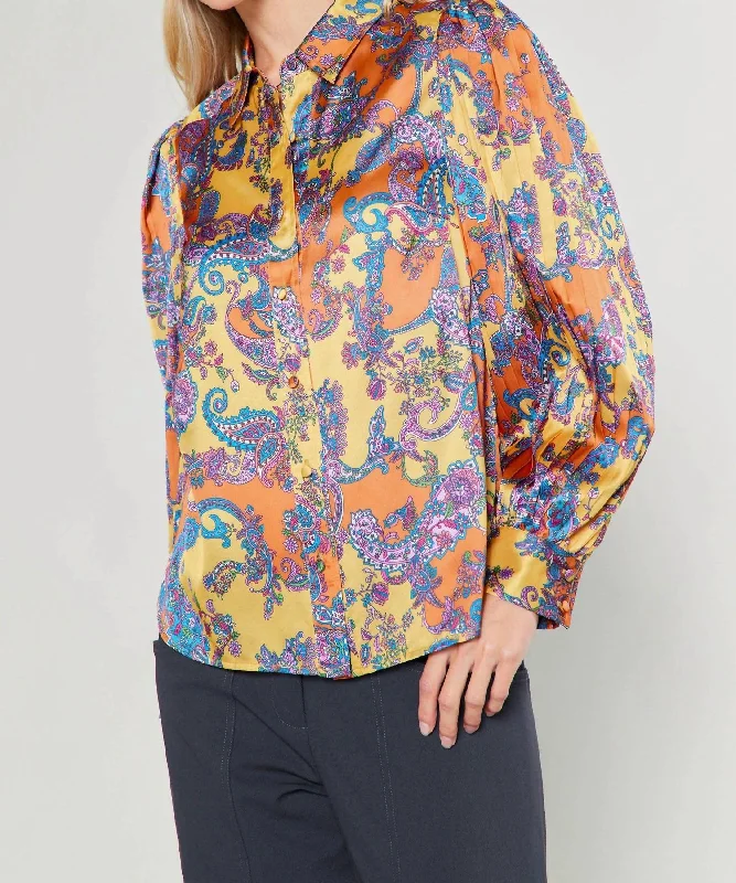 Seasonal Trends Paisley Button Down Top In Orange Paisley