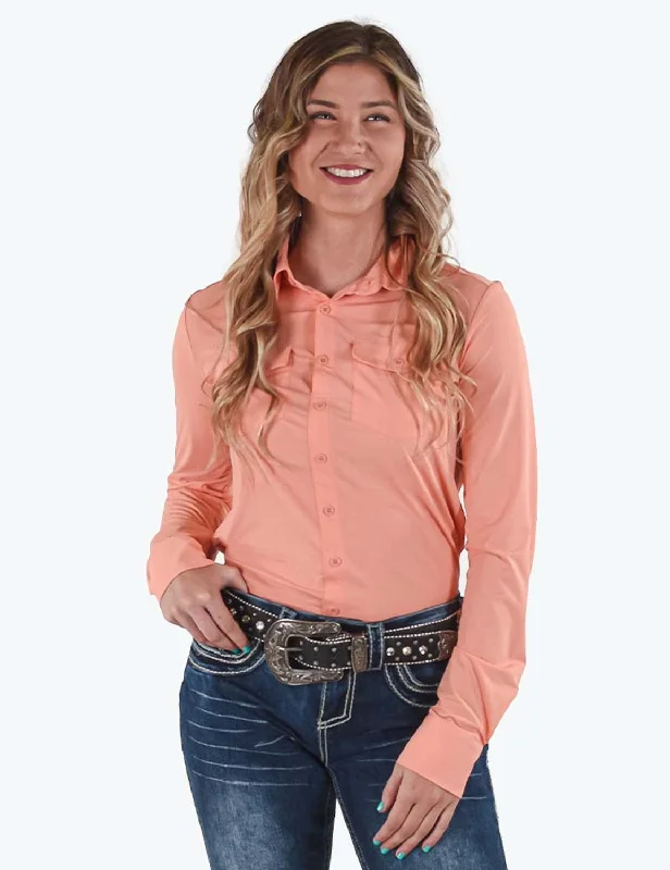 Great Prices On Feminine Styles Cowgirl Tuff Womens Cooling Pullover Button Up Coral Nylon L/S Shirt