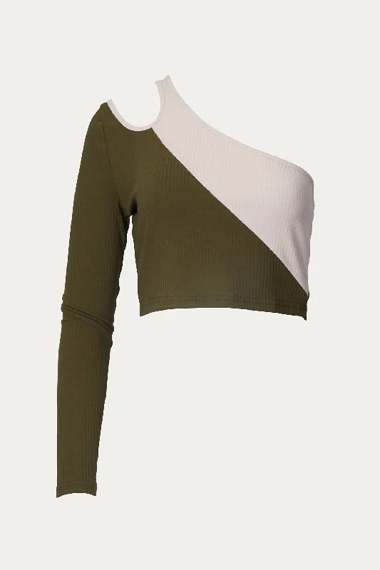 Holiday Sale Colorblocked Ribbed-Knit One-Sleeve Top In Olive Ecru