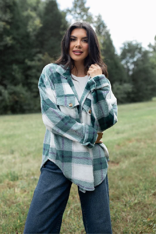 Discounts On Casual Weekend Styles Wind Down Green Fleece Plaid Shacket FINAL SALE