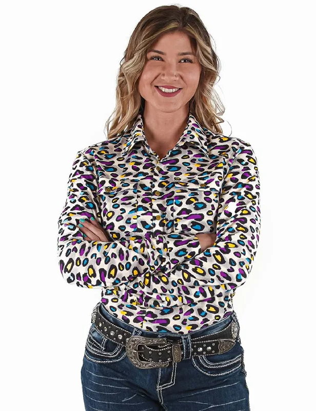 Fashion Sale Cowgirl Tuff Womens Pullover Leopard Yellow/Turquoise Polyester L/S Shirt