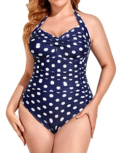 Fashion Forward, Function First Removable Padded Bra Ruched Plus Size One Piece Swimsuit-Blue Dots