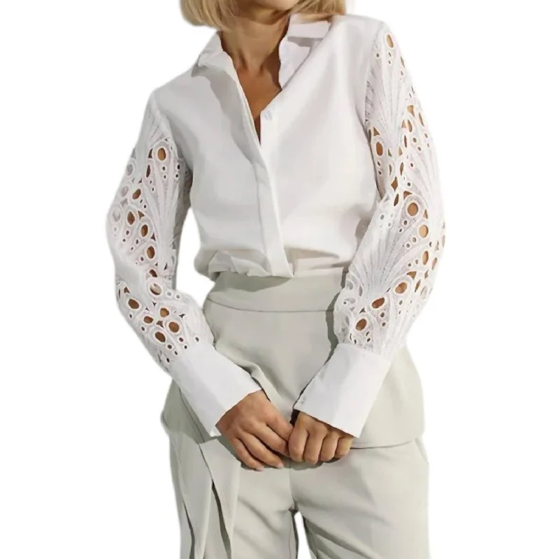 New In This Season Ms. Alice Lace Sleeve Button Down Blouse In White