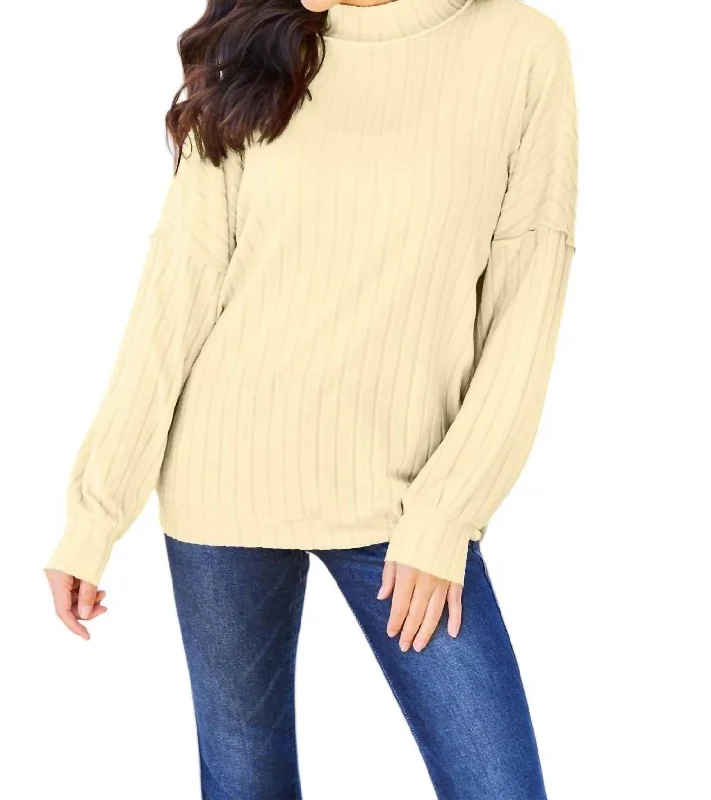 Summer Deals Sleek Ribbed Mock Neck Knit Top In Pastel Yellow