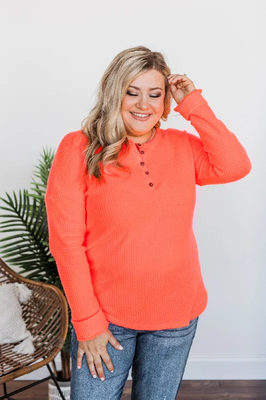 The Best Discounts Of The Weekend Happy Spring Waffle Knit Button Top- Neon Coral