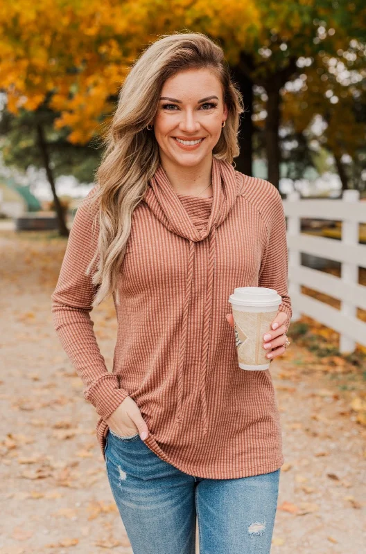 Premium Style Delightfully Divine Cowl Neck Top- Rust