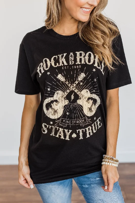 Lowest Prices This Weekend – Don't Miss Out "Rock And Roll, Stay True" Graphic Top- Black Lowest Prices This Weekend – Don't Miss Out "Rock And Roll, Stay True" Graphic Top- Black