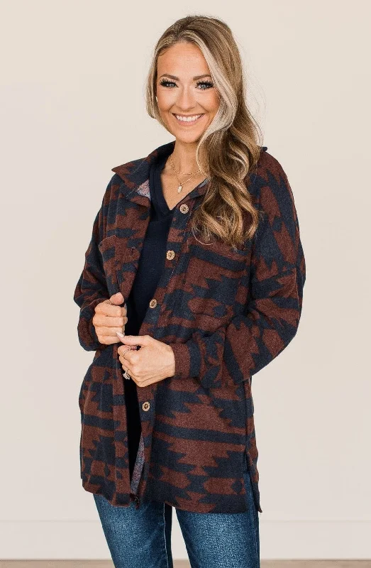 Limited Styles Road Less Traveled Aztec Button Top- Copper & Navy
