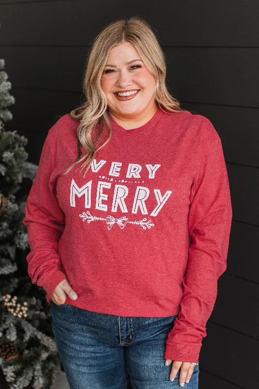 This Weekend's Hottest Deals Are Live "Very Merry" Long Sleeve Graphic Top- Red