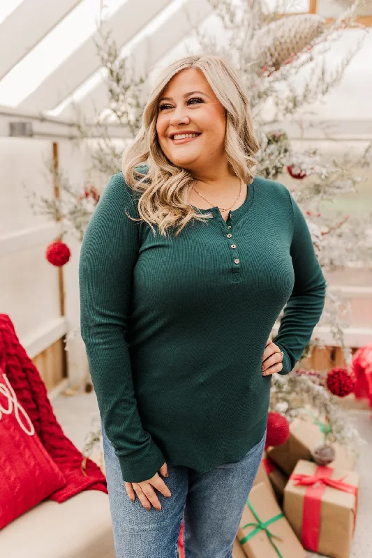 Your Shopping Spree Starts Here Rise To The Top Long Sleeve Henley Top- Wintergreen
