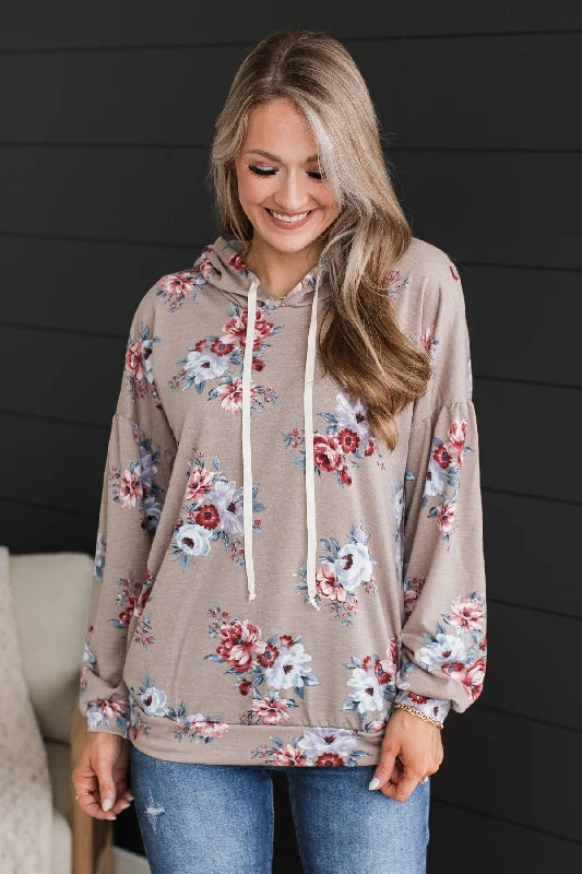 Sunday Shopping Spree – Grab The Best Deals Perfectly Sweet Hooded Floral Top- Taupe