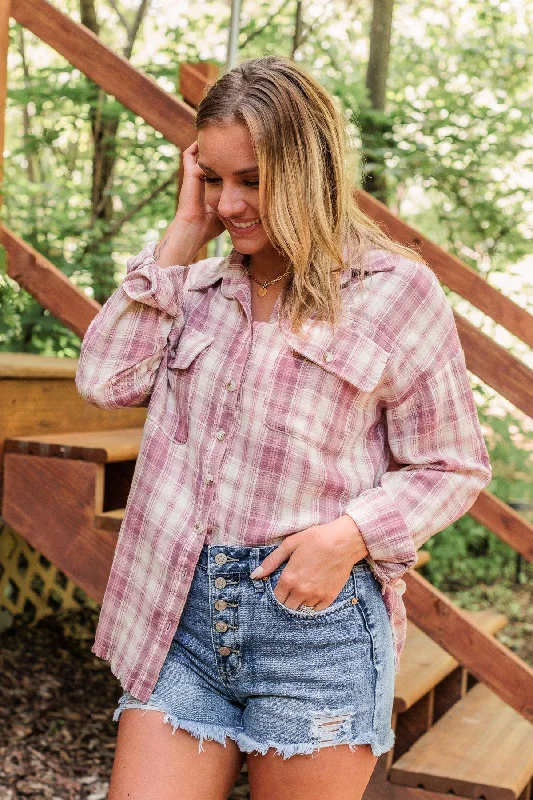 Seasonal Fashion Fight For Love Frayed Plaid Top- Pink