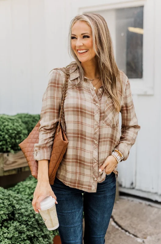 Hurry Before It's Gone A Season To Behold Button Down Plaid Top- Oatmeal, Taupe & Mocha