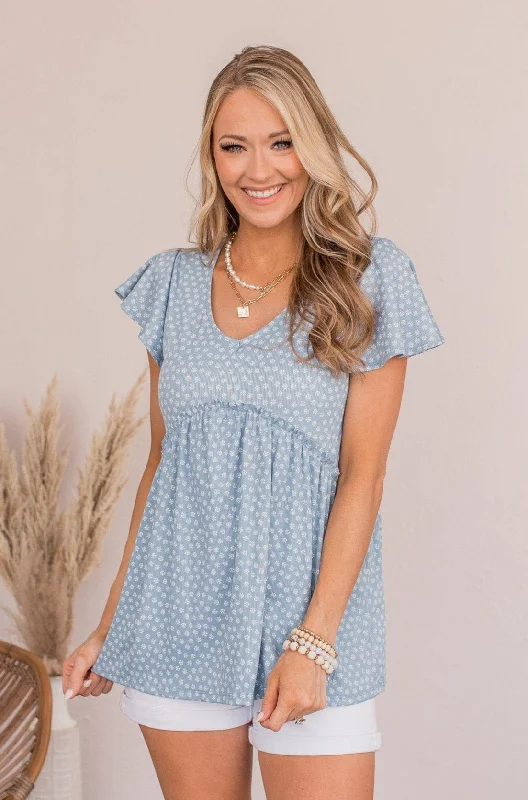 Boutique Styles Always Find The Good Babydoll Top- Denim Blue