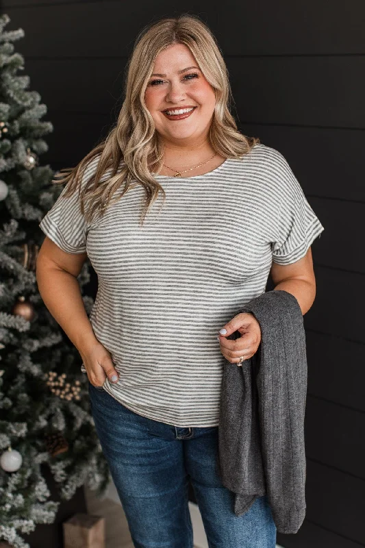 New Styles Just In It's Who You Know Striped Top- Grey & White