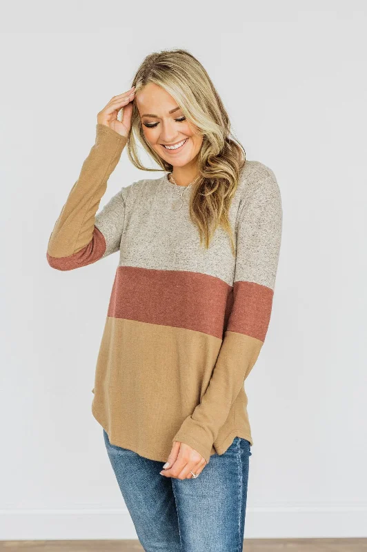 Fall Sale, Prices Drop Never Settle Color Block Top- Grey, Brick, & Dark Tan
