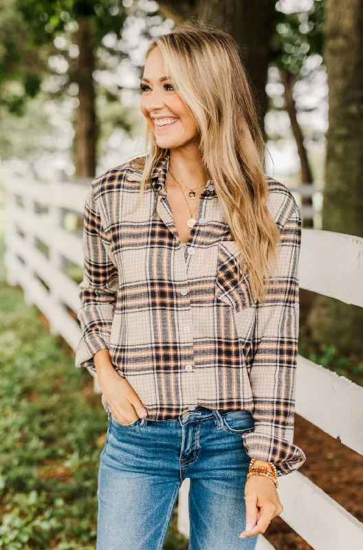 Special Offers Made Up My Mind Plaid Button Top- Camel, Ivory, Navy
