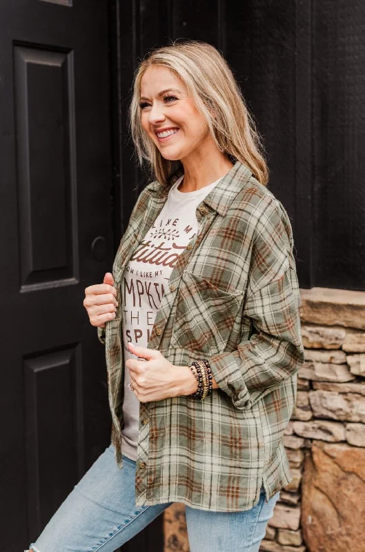 Unleash Your Style As The Leaves Turn Button Down Plaid Top- Dusty Olive & Rust