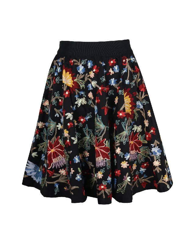 Bold Fashion Alice + Olivia Floral Embroidered Skirt in Black Cotton