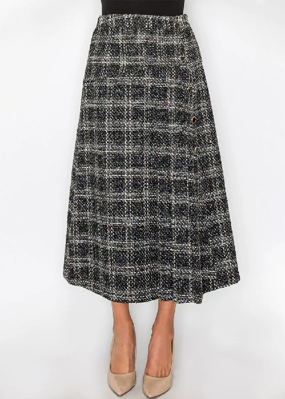 Quality Wear Black Tweed Plaid Midi Skirt