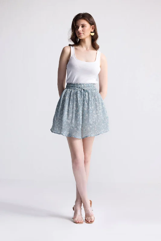 Glamorous Evening Wear Drawstring Short Skirt in Light Blue Florals