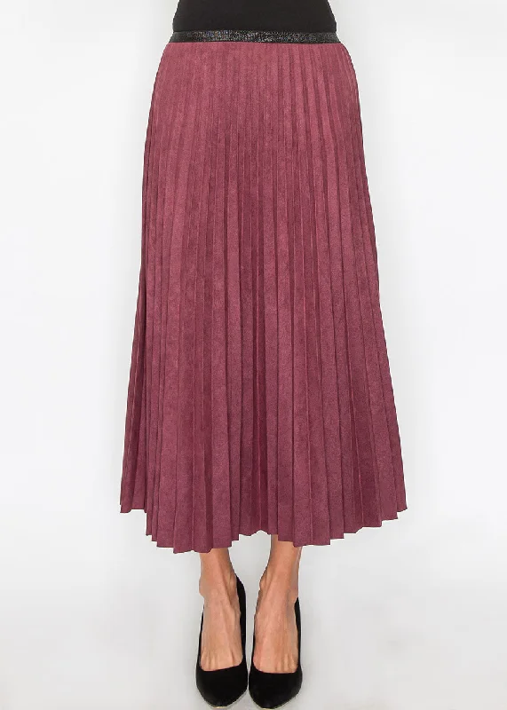 Stylish Savings Elegant Burgundy Suede Pleat Midi Skirt