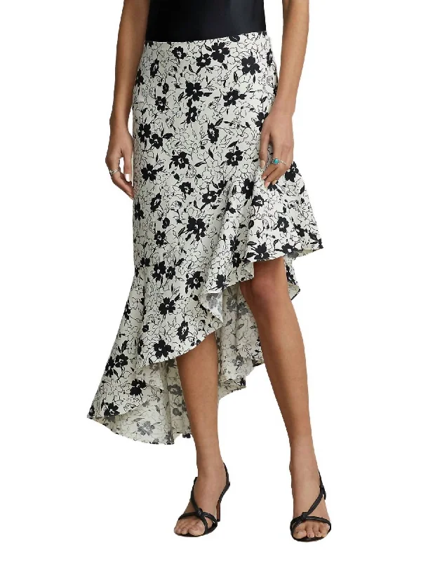 Graceful Fashion Floral Ruffed Asymmetrical Linen Skirt In Black/white