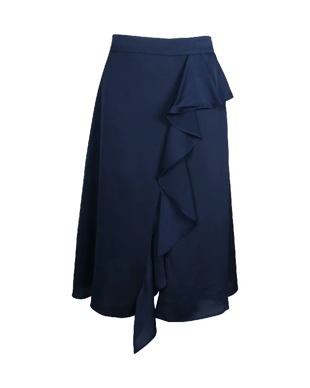 Trendy Fashion For Women Iris & Ink Ruffled Midi Skirt in Navy Blue Polyester