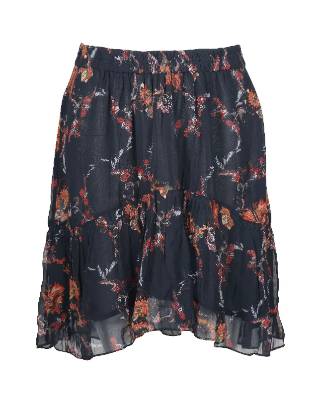 Classic Women's Fashion Iro Floral Tiered Midi Skirt in Black Viscose