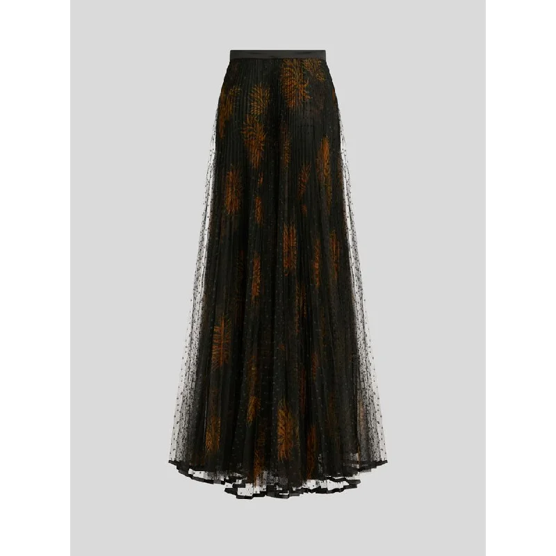 Comfortable Clothes LONG PLEATED TULLE SKIRT WITH DAHLIAS