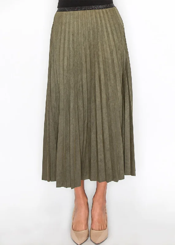 Casual Chic Olive Pleated Suede Midi Skirt