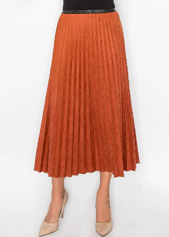 The Latest Trends Rust Suede Midi Skirt with Pleats