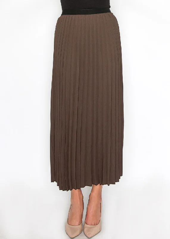 Rustic Countryside Charm Look Soft Pleated Brown Midi Skirt