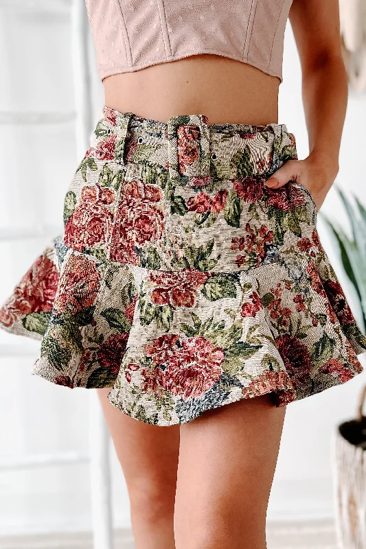 Comfort First Women's Fashion Vintage Sweetie Belted Floral Mini Skirt (Multi)